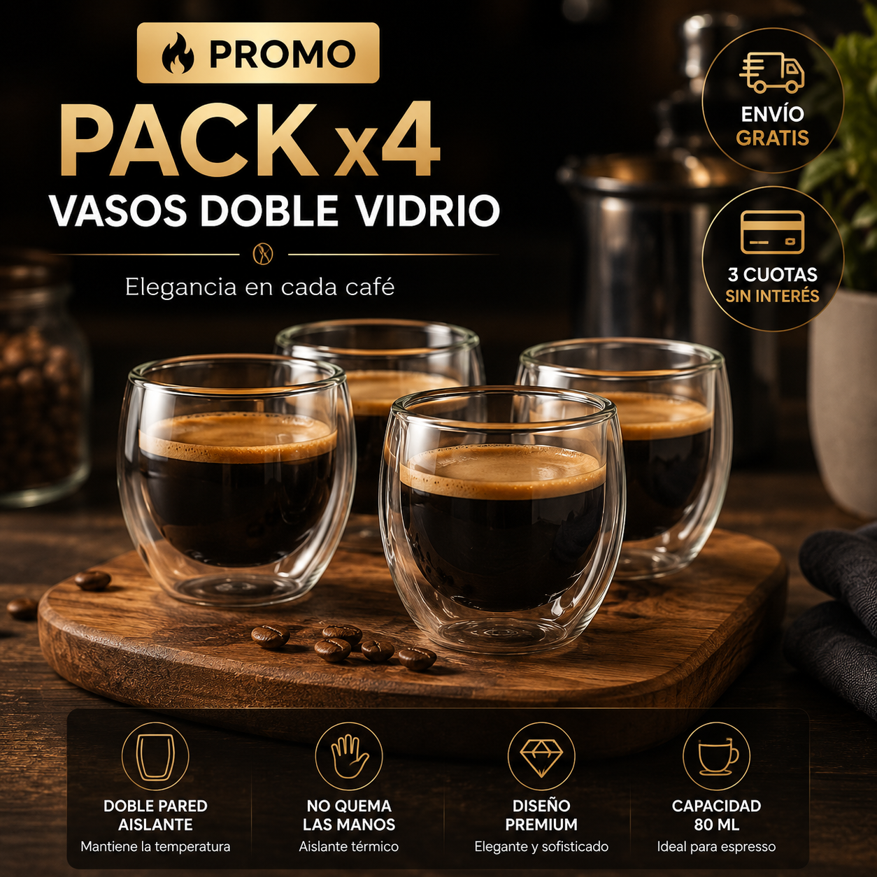 Pack 4 Vasos Doble Vidrio